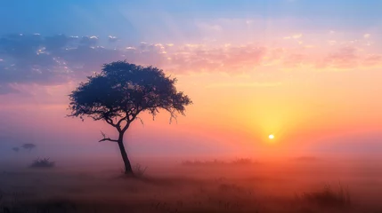 Gordijnen A captivating sunrise paints the savanna landscape, casting a golden glow and silhouetting a lone tree against the vibrant sky © Jakraphong