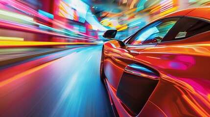 A supercar drives away from the camera with vibrant colors, the environment blurring as it speeds by.