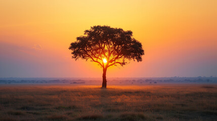 A captivating sunrise paints the savanna landscape, casting a golden glow and silhouetting a lone...