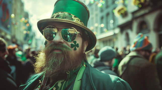 A man with a green shamrock painted on his cheek celebrates St. Patrick's Day at a parade in Ireland