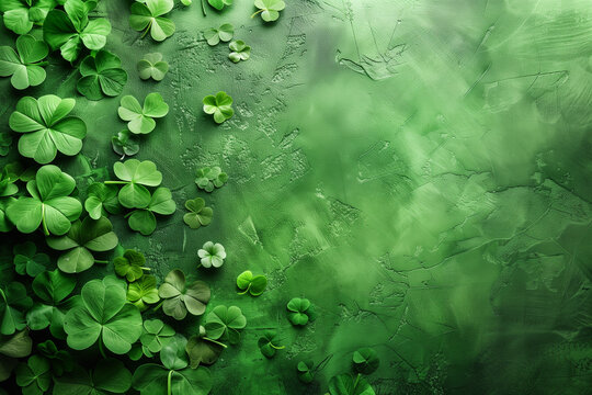 St. Patrick’s Day poster featuring shamrocks on a green cement background