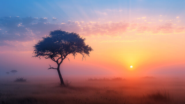 A captivating sunrise paints the savanna landscape, casting a golden glow and silhouetting a lone tree against the vibrant sky
