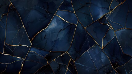 Abstract Dark blue marble background with lines and gold accents, reminiscent of the elegant style of kintsugi