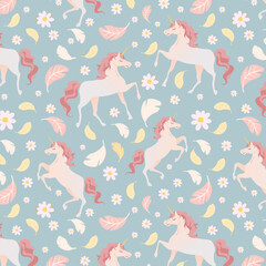 Seamless vector pattern with cute unicorns on floral background. Perfect for textile, wallpaper or print design.