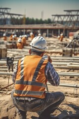Fototapeta premium Construction worker sitting on the ground talking on a cell phone. Suitable for construction and technology concepts