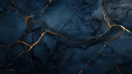 Dark blue marble abstract wallpaper decorated with lines and gold touches, inspired by the graceful artistry of kintsugi.