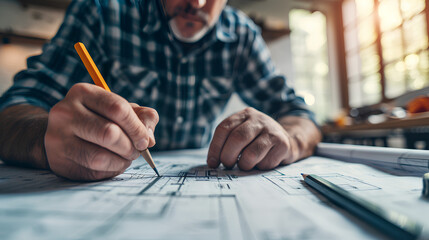 Mature contractor drawing on blueprints with a pencil