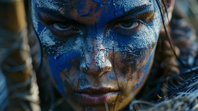 A female Celtic warrior her face adorned with blue war paint grips a spear with determination as she prepares to join the battle.