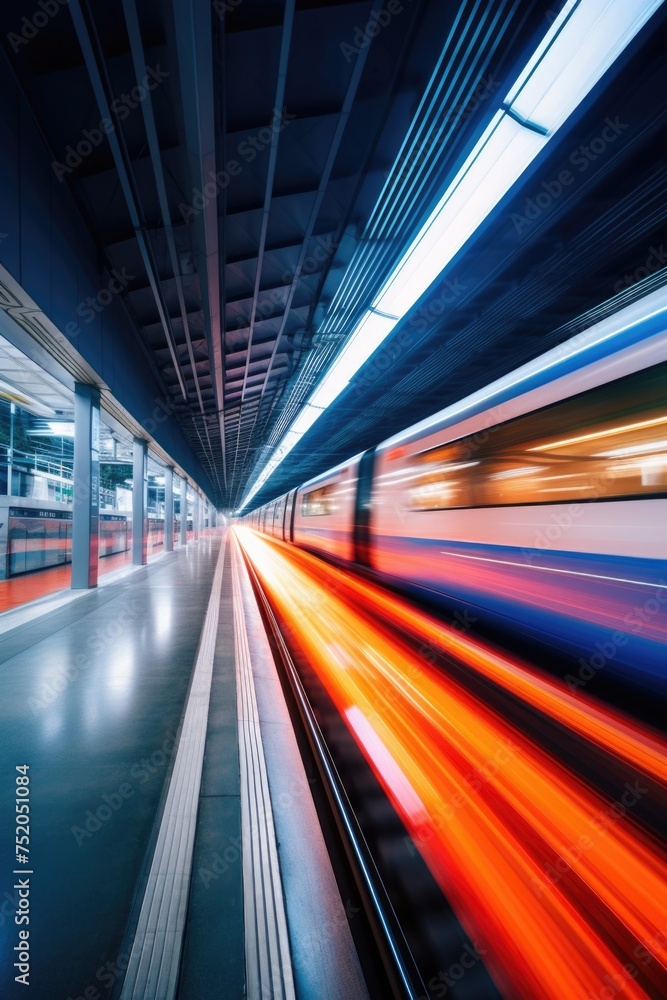 Poster blurry image of a train approaching on the tracks. suitable for transportation concepts