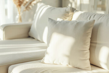 White pillow mockup on the sofa in the bright and sunny living room - obrazy, fototapety, plakaty