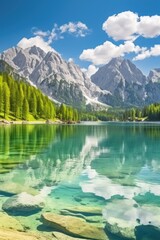 Fototapeta premium Clear water lake surrounded by majestic mountains. Perfect for travel and nature concepts