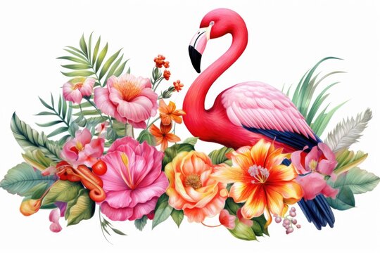 A pink flamingo standing in front of colorful flowers, perfect for spring designs