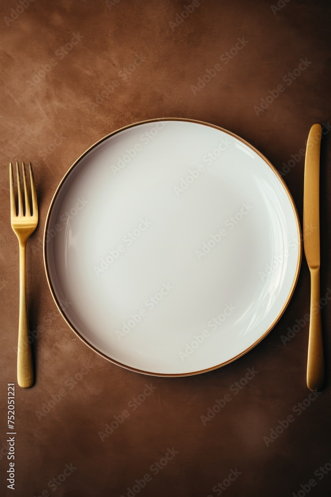 Poster a plate with a fork and knife on a table. suitable for restaurant and dining concepts
