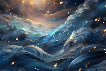 Ice Cold Sea of Stars Enchanting cool blues lazily swirl around stars and sparkles. Dreamy and magical. Unique fantasy background and texture. Generative AI