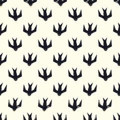 Seamless pattern with textured swallows. Stamp technique. Vector birds, background, print, design