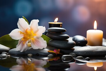 Fototapeta na wymiar A serene image of a candle surrounded by rocks and a delicate flower. Perfect for relaxation or meditation concepts