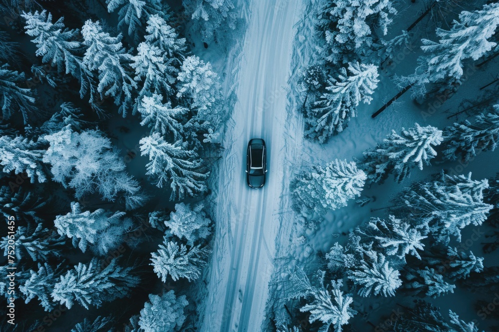 Wall mural A car driving down a snow-covered road. Perfect for winter driving safety ads