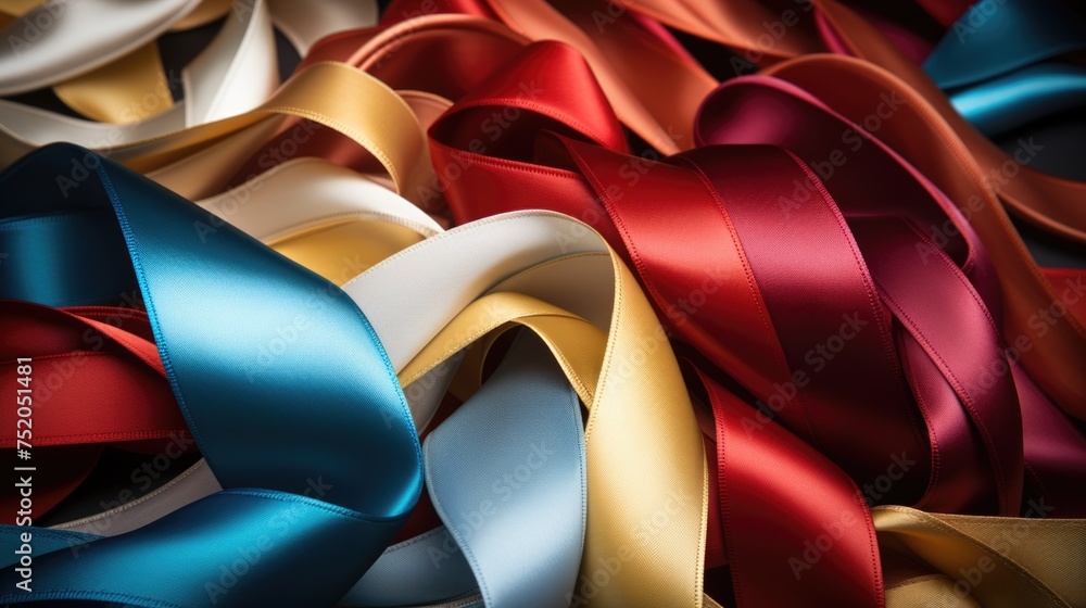 Poster Close up of a variety of different colored ribbons. Perfect for adding a pop of color to any project