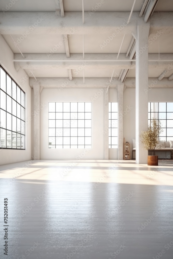 Poster An empty room with large windows and a plant. Suitable for interior design concepts