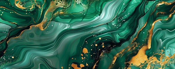 Abstract marble pattern with liquid ink paint texture in green and gold, showcasing luxury stone colors.