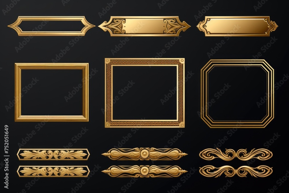 Poster elegant golden frames and ornaments on a sleek black background. perfect for luxury and sophisticate