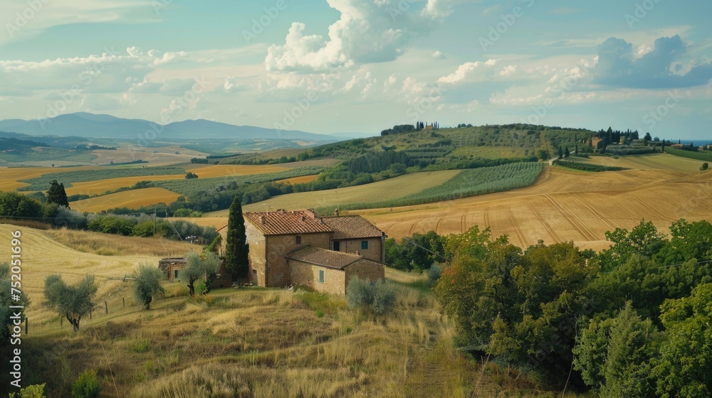 Poster A house standing in a field with rolling hills in the background. Suitable for various outdoor and rural themes