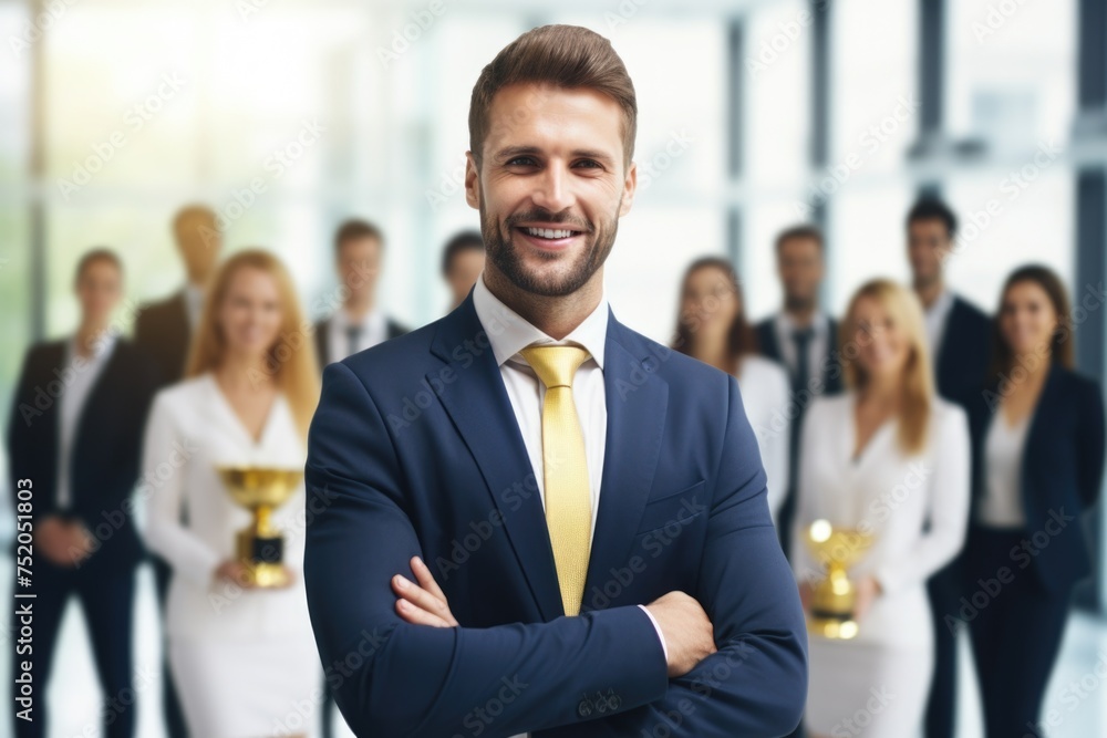 Poster a man in a suit and tie standing in front of a group of business people. suitable for business prese