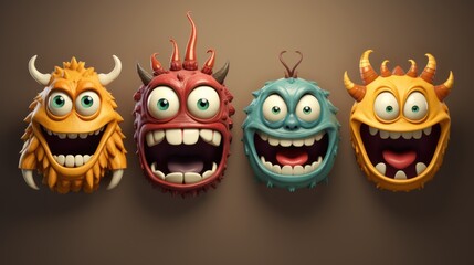 Colorful cartoon monsters hanging on a wall, suitable for children's book illustrations