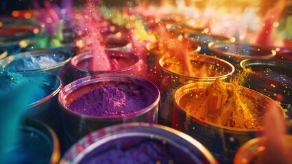 Vibrant Array of Open Paint Cans Spilling Holi Festival Powdered Colors, Creating a Bright and Festive Pattern