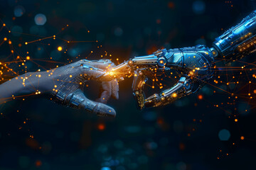 Naklejka premium An abstract background to evoke the fusion of AI and human touch in technology, use a blend of futuristic blues and metallic tones to convey innovation and technology.