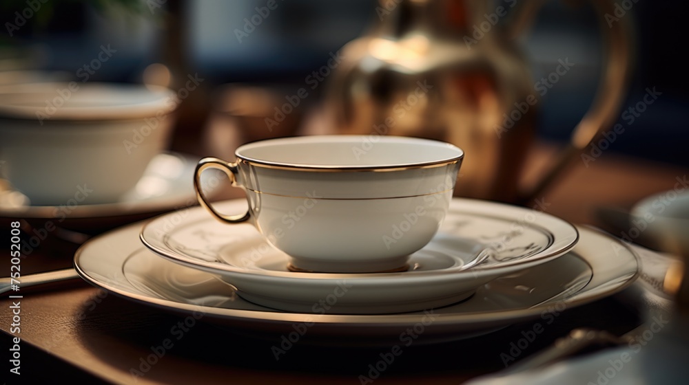 Poster A close up shot of a cup and saucer on a table. Suitable for various design projects