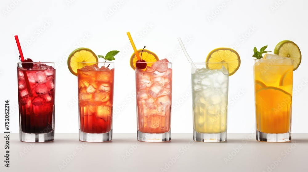 Poster a diverse selection of beverages with fresh lemon slices. ideal for food and drink concepts