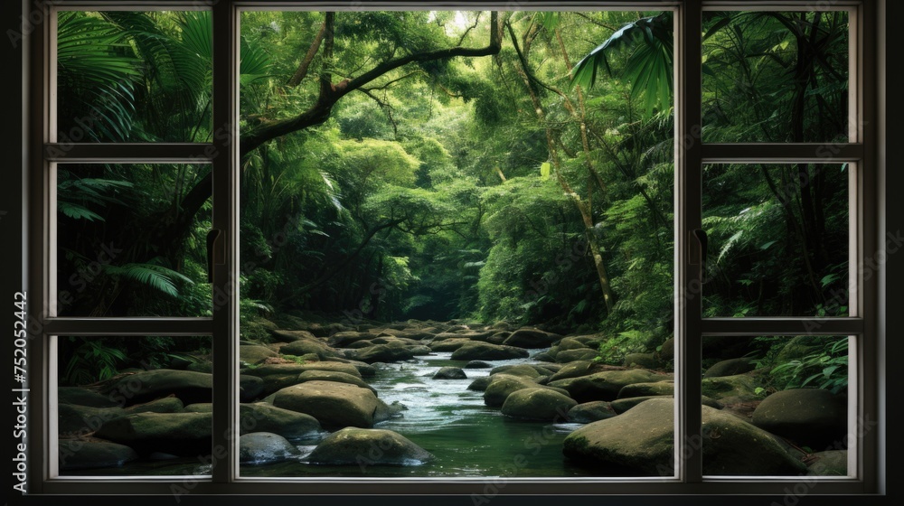 Poster a serene view of a river through a window. ideal for travel brochures
