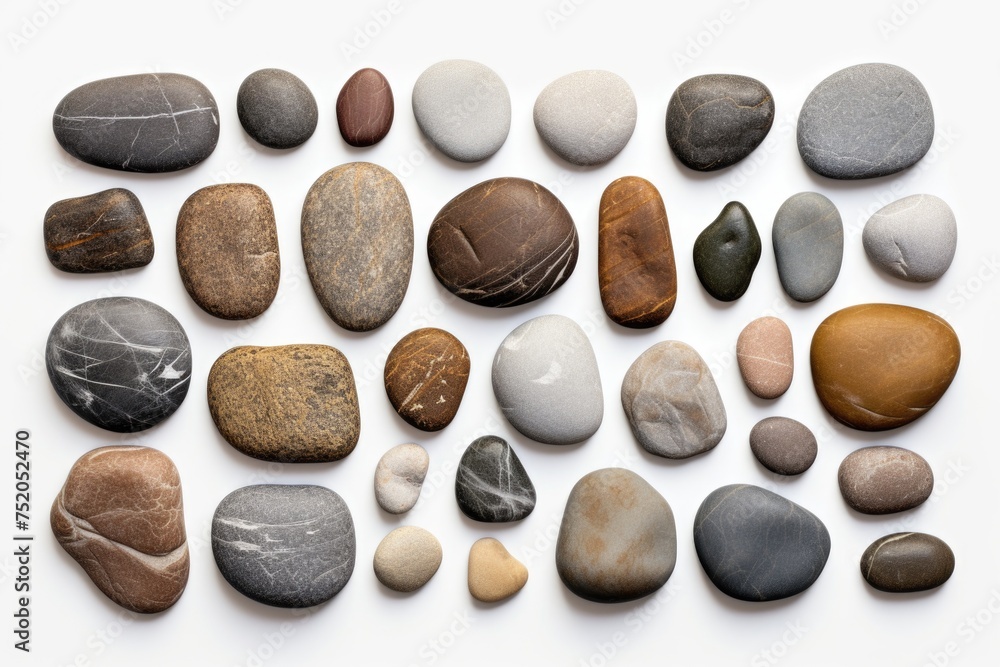 Poster a group of rocks placed on a white surface. perfect for backgrounds or textures