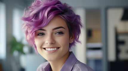 A woman with purple hair smiling at the camera. Suitable for beauty and lifestyle concepts