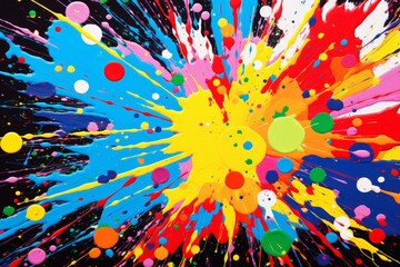 Energetic and dynamic pop art color paint splatter, forming an eye-catching and vibrant pattern for a playful background, Generative AI