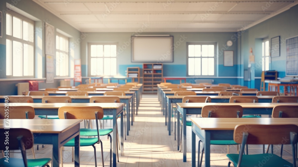 Poster an empty classroom setting, suitable for educational concepts