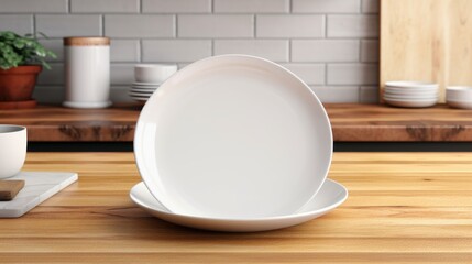 Fototapeta na wymiar A simple white plate on a rustic wooden table, perfect for food or kitchen related projects