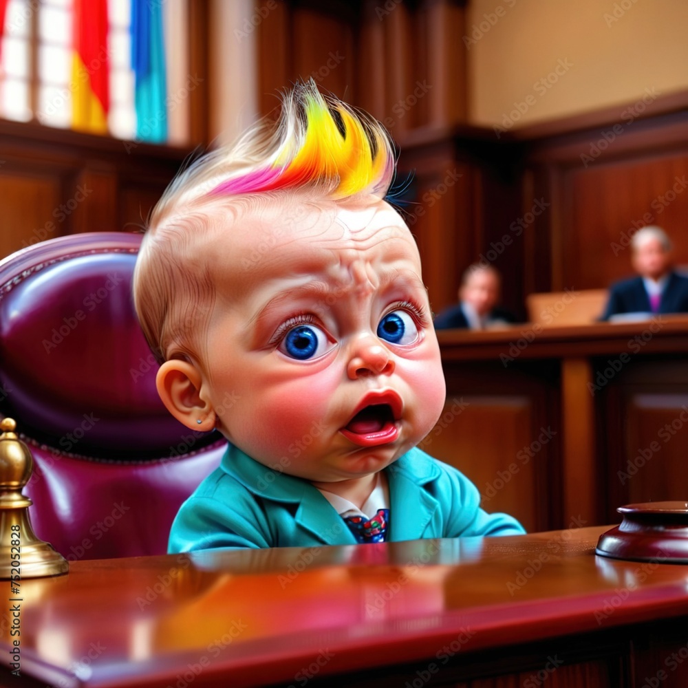 Wall mural Crying upset childish baby in courtroom, as defendant or lawyer - Wall murals