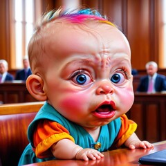 Crying upset childish baby in courtroom, as defendant or lawyer - obrazy, fototapety, plakaty