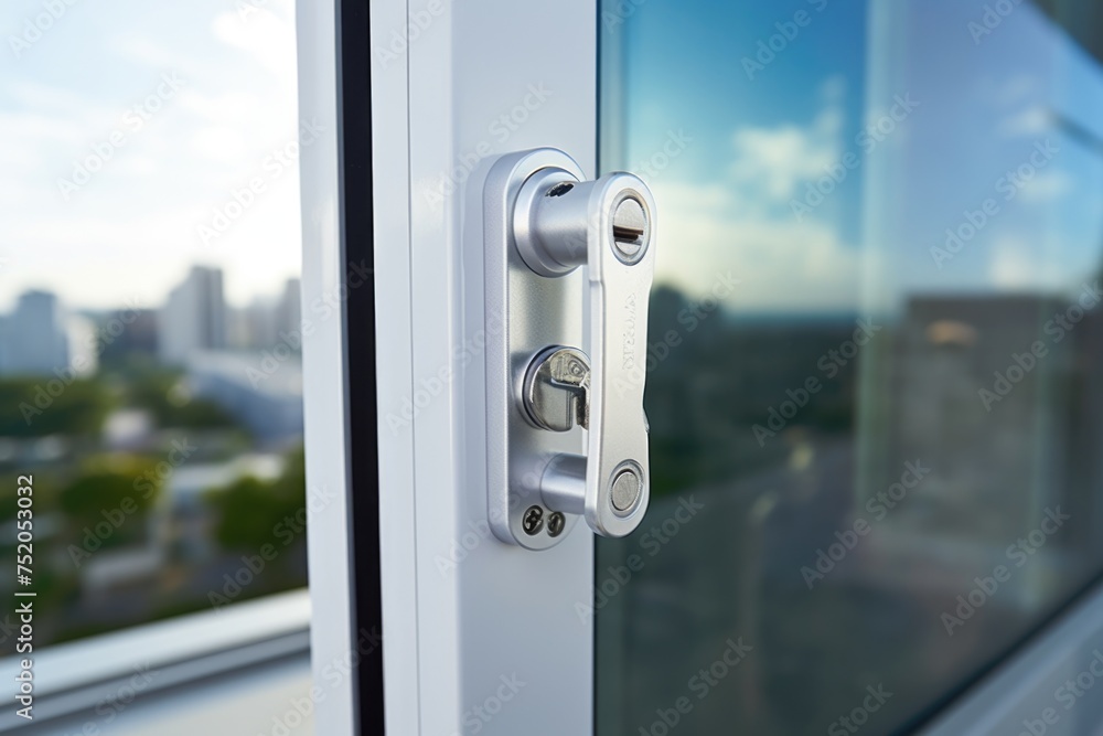 Poster Close up of a door handle on a window, suitable for architectural and interior design concepts