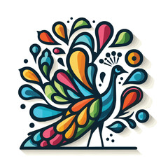 silhouette and icon of a colorful peacock isolated on white background