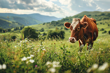 Red cow in a field with tall green grass on a sunny day. Generated by artificial intelligence