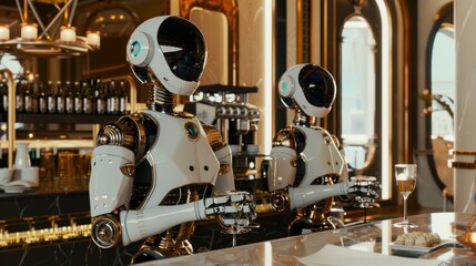 Two sophisticated robots pouring and serving wine in a luxurious bar setting, exemplifying modern automation in hospitality.