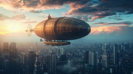 Fototapeta na wymiar A steampunk-style airship flies over a contemporary city skyline bathed in the warm glow of a setting sun.