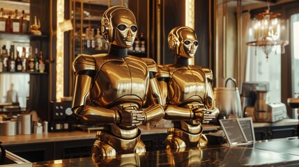 Two golden humanoid robots standing behind a bar counter, symbolizing cutting-edge automation in service and hospitality.