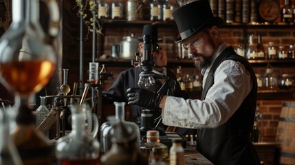 A steampunk enthusiast dressed in vintage attire carefully examines specimens with a classic microscope in an antique laboratory setting.