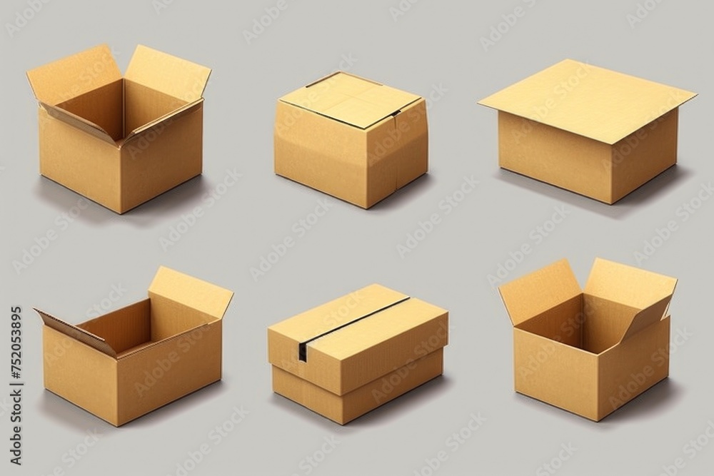 Aufkleber set of four open cardboard boxes on a gray background. suitable for logistics and shipping concepts