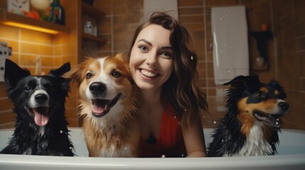 A woman sitting in a bathtub with three dogs. Perfect for pet lovers or relaxation concepts