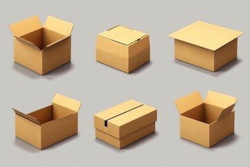 Fototapeta premium Set of four open cardboard boxes on a gray background. Suitable for logistics and shipping concepts
